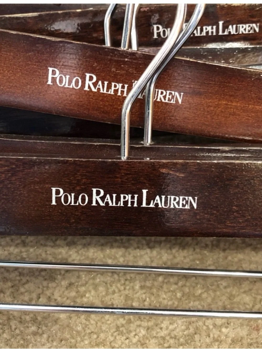 Polo Ralph Lauren Dark Brown Wooden Pant Hangers with Silver Hardware Set of 20